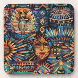 Historic Cyan "Pre-Columbian Tapestry" Cork-Backed Beverage Coaster