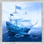 Historic Dutch Sailboat Delft Blue Tile<br><div class="desc">Tile featuring a part of a painting by Dutch artist Cornelis Verbeeck of a historic sailboat. Converted into a Delft blue style. The name of the original artist can be removed if you do not want it on the tile.</div>