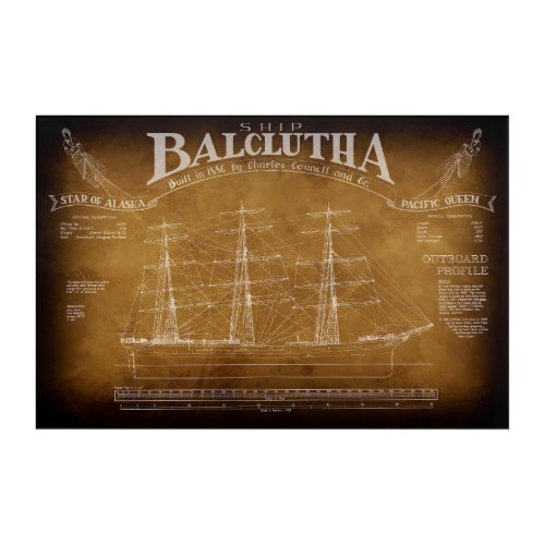 Historic Full_Rigged Ship BALCLUTHA Blueprint 1886 Acrylic Print