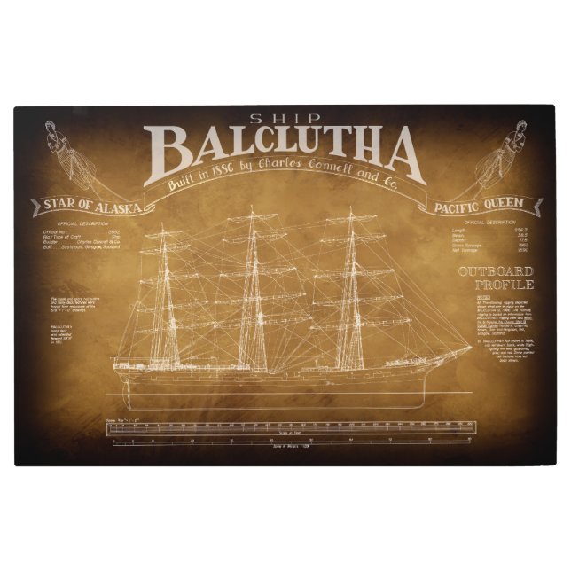 Historic Full-Rigged Ship BALCLUTHA Blueprint 1886 Metal Print (Front)