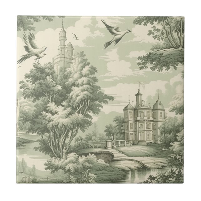 Historic Green French Scenic Toile Pattern Ceramic Tile (Front)