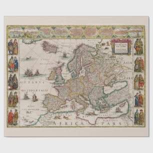 Historic Map of Medieval Europe (by Willem Blaeu) Wrapping Paper