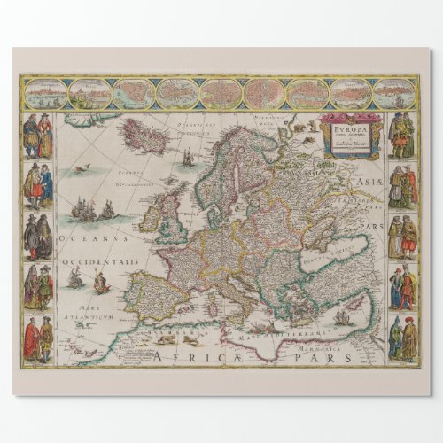 Historic Map of Medieval Europe by Willem Blaeu Wrapping Paper