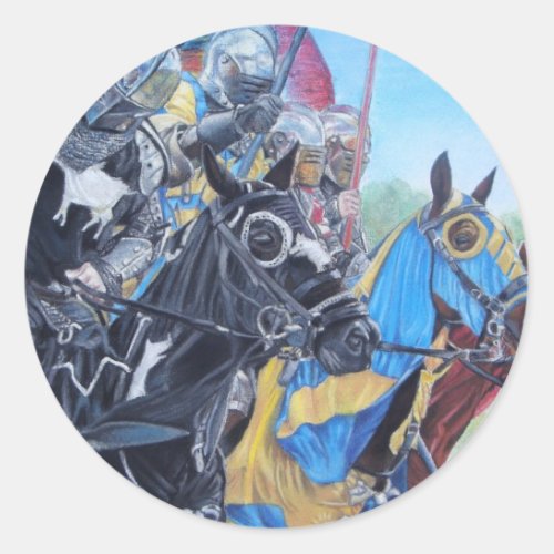 historic medieval knights jousting on horses classic round sticker