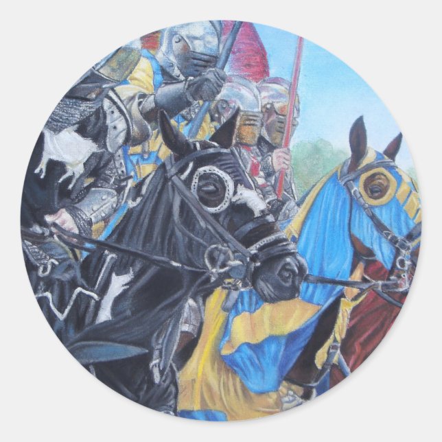 historic medieval knights jousting on horses classic round sticker (Front)