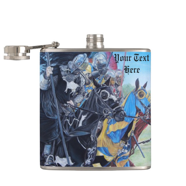 historic medieval knights jousting on horses flask (Opened)