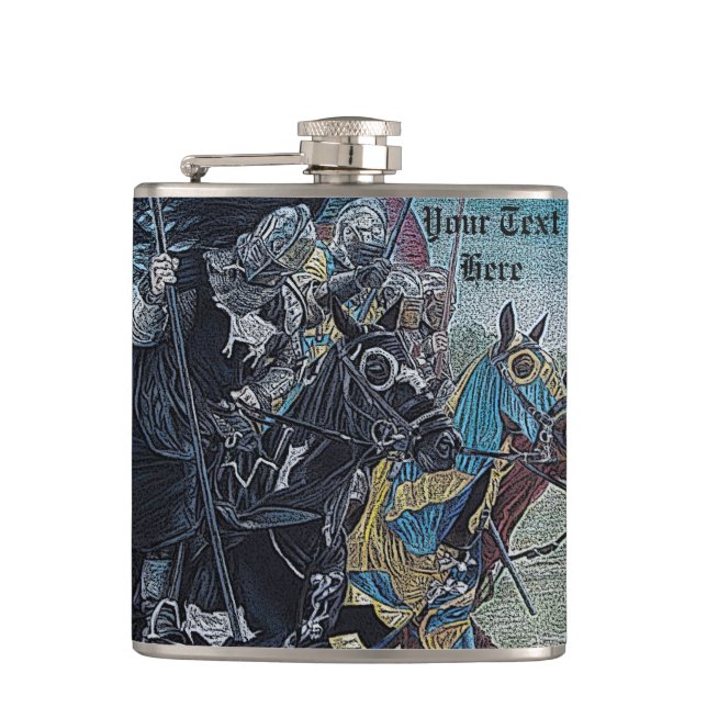 historic medieval knights jousting on horses hip flask (Front)