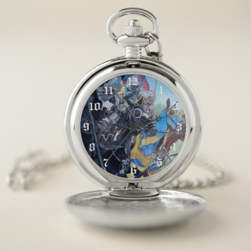 historic medieval knights jousting on horses pocket watch