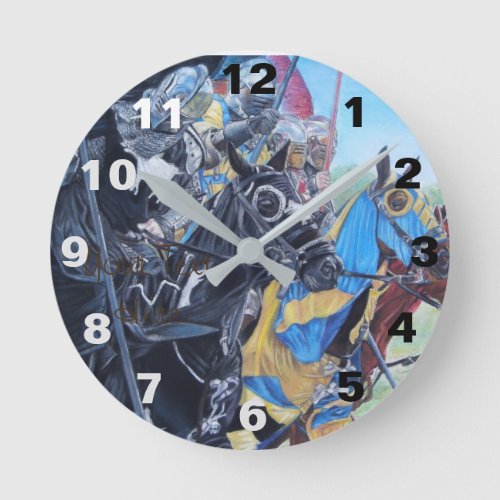 historic medieval knights jousting on horses round clock