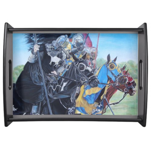 historic medieval knights jousting on horses serving tray