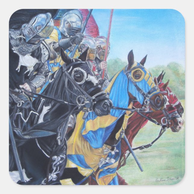 historic medieval knights jousting on horses square sticker (Front)