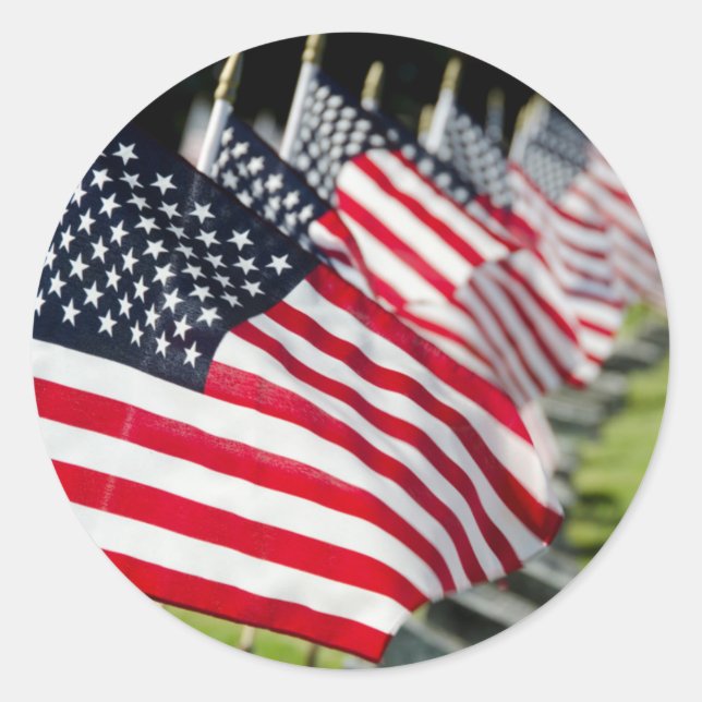 Historic military cemetery with US flags Classic Round Sticker (Front)