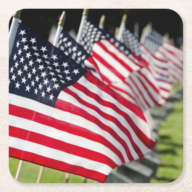 Historic military cemetery with US flags Square Paper Coaster (Front)