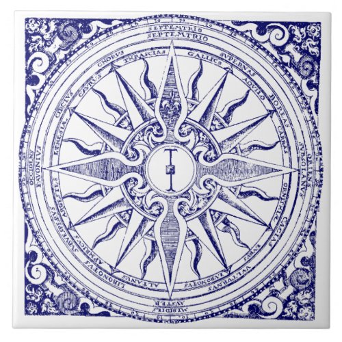 Historic Nautical Compass Blue  White Print Ceramic Tile