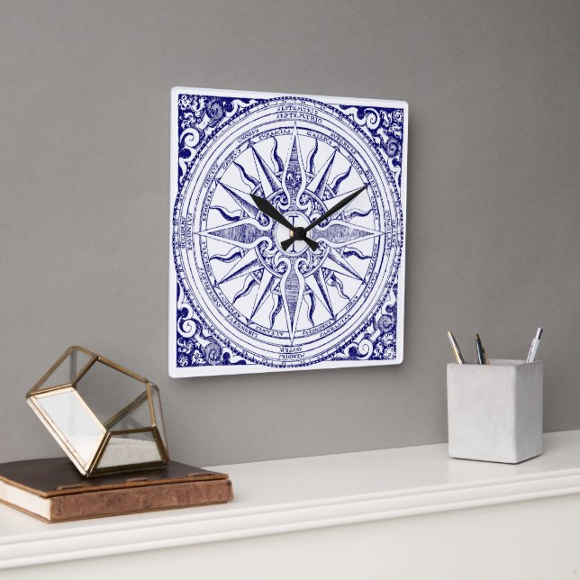 Historic Nautical Compass Blue & White Print Square Wall Clock (Office)