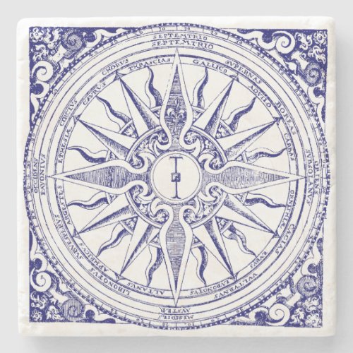 Historic Nautical Compass Blue  White Print Stone Coaster