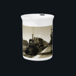 Historic Railroad Beverage Pitcher<br><div class="desc">A sepia photograph of an historic steam locomotive as it chugs out of the past; a beautiful gift for any train aficionado.</div>