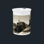 Historic Railroad Beverage Pitcher<br><div class="desc">A sepia photograph of an historic steam locomotive as it chugs out of the past; a beautiful gift for any train aficionado.</div>