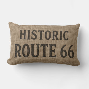 Historic Route 66 Burlap Typography Lumbar Pillow