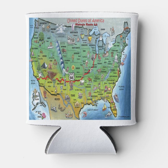 Historic Route 66 Cartoon Map Can Cooler (Front)