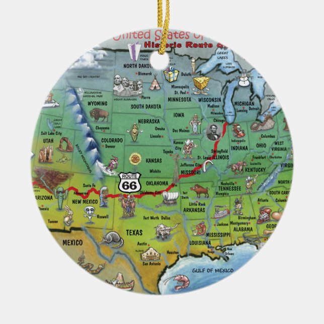 Historic Route 66 Cartoon Map Ceramic Ornament (Front)