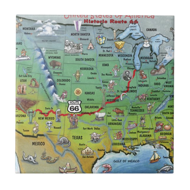 Historic Route 66 Cartoon Map Ceramic Tile (Front)