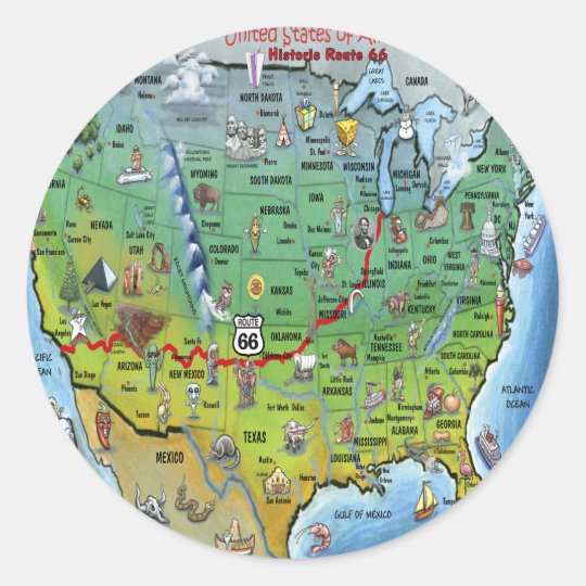 Historic Route 66 Cartoon Map Classic Round Sticker | Zazzle.com