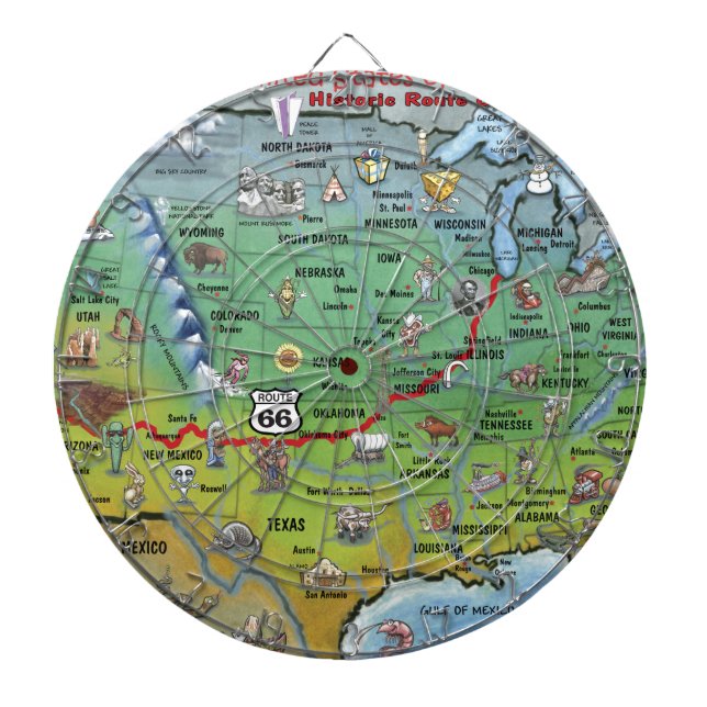 Historic Route 66 Cartoon Map Dart Board (Front)