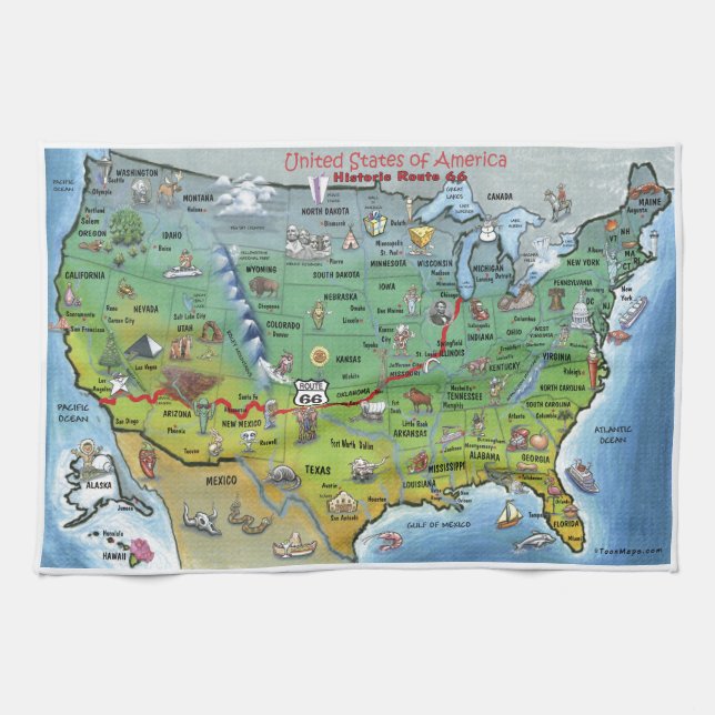 Historic Route 66 Cartoon Map Kitchen Towel (Horizontal)