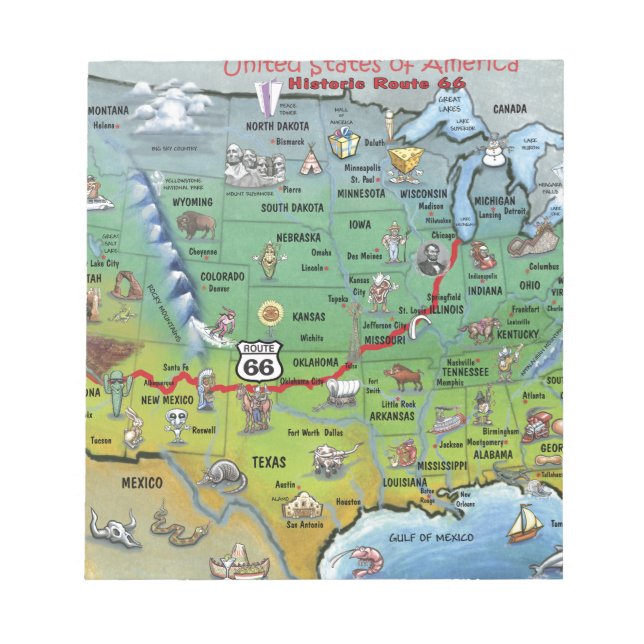 Historic Route 66 Cartoon Map Notepad (Front)