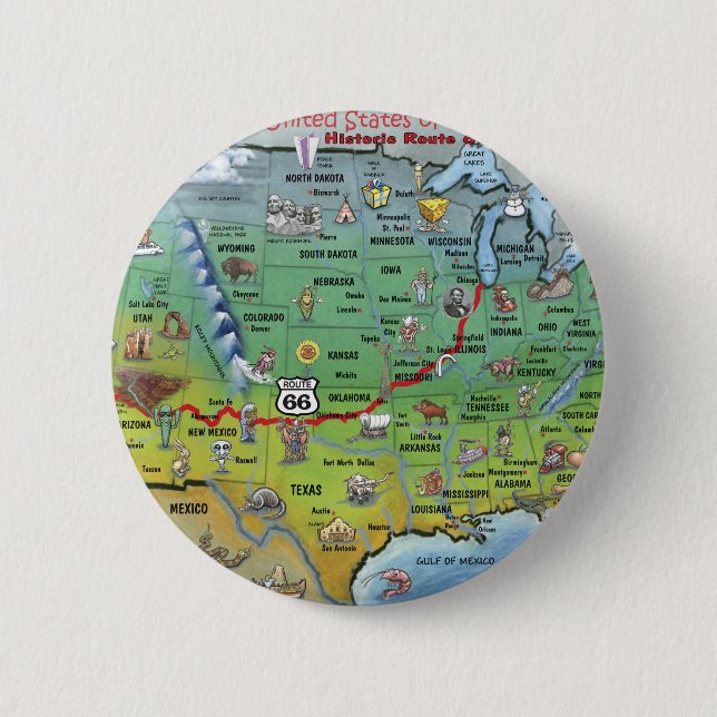 Historic Route 66 Cartoon Map Pinback Button (Front)