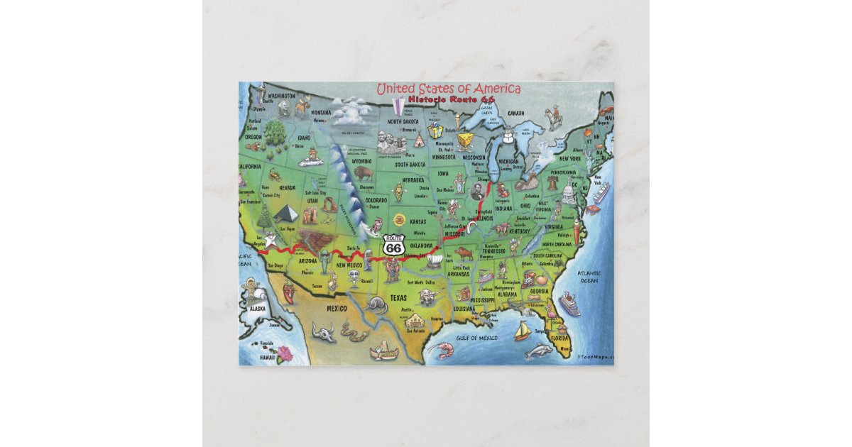 Historic Route 66 Cartoon Map Postcard