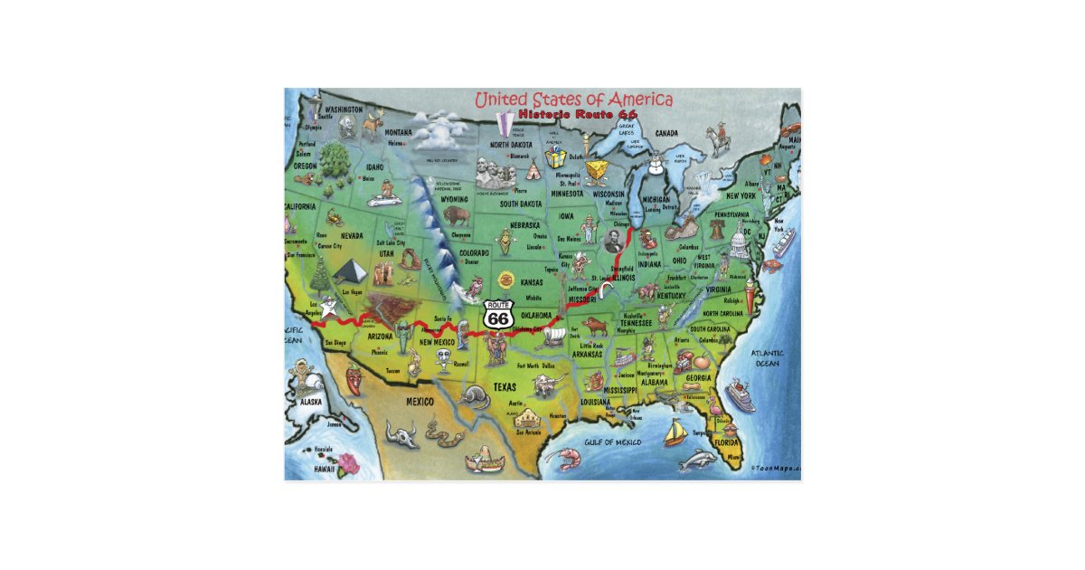 Historic Route 66 Cartoon Map Postcard Zazzle Com