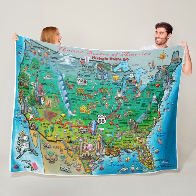 Historic Route 66 Fun Map Fleece Blanket (In Situ)