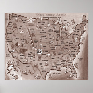 Historic Route 66 USA Cartoon Map Poster