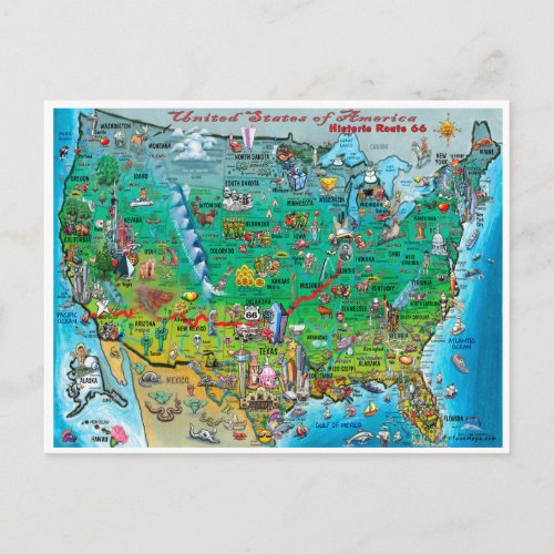 Historic Route 66 USA Fun Map Postcard