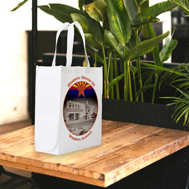 Historic Route 66 Winslow Arizona  Grocery Bag (Side view reusable tote with Winslow, Arizona on Route 66 photo. Design on two sides. )