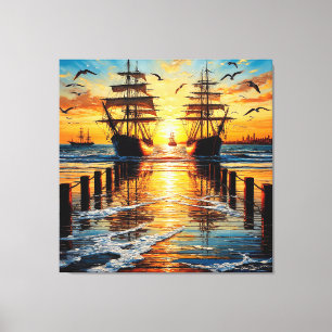 Historic Tall Ships Sailing at Sunset with Seagull Canvas Print