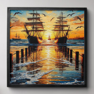 Historic Tall Ships Sailing at Sunset with Seagull Peel And Stick Photo Tile
