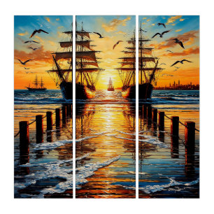Historic Tall Ships Sailing at Sunset with Seagull Triptych
