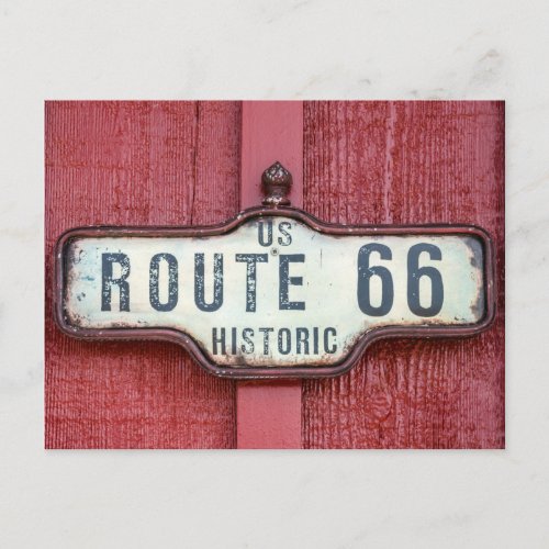 Historic US Route 66 Sign on Red Postcard
