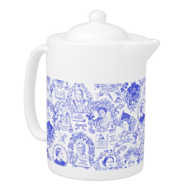 Historical Feminist Pioneers Blue Toile Teapot (Left)