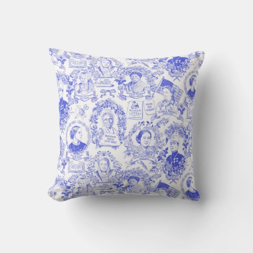 Historical Feminist Pioneers Blue Toile Throw Pillow