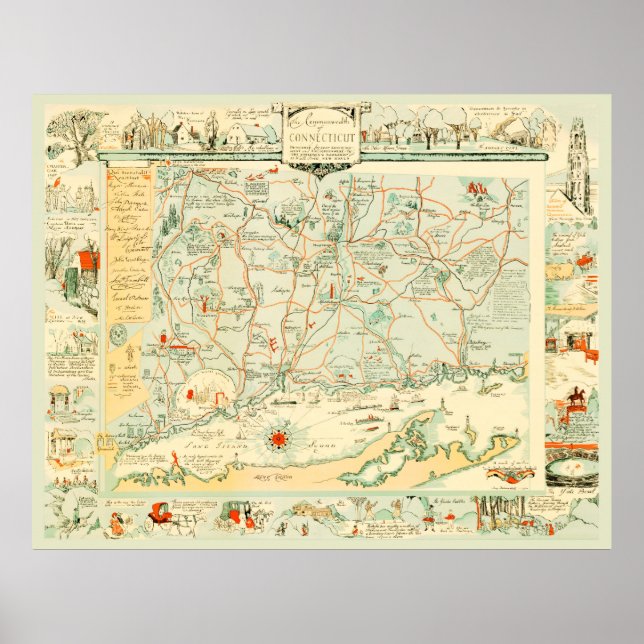 Historical map of Connecticut from 1926 Poster (Front)