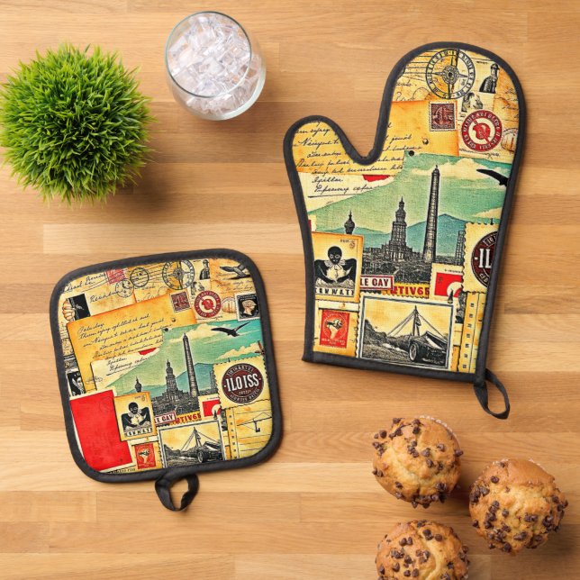 Historical Postal Journey Oven Mitt & Pot Holder Set (Top Down)