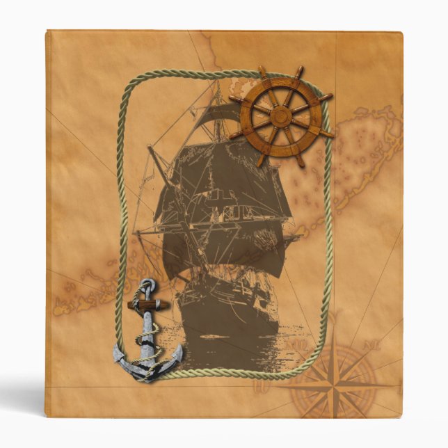 Historical Sailing Ship And Nautical Map 3 Ring Binder (Front)
