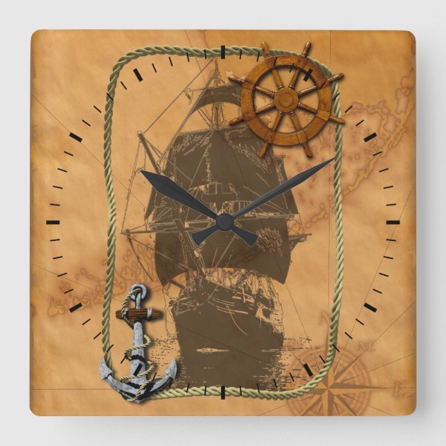 Historical Sailing Ship And Nautical Map Square Wall Clock (Front)