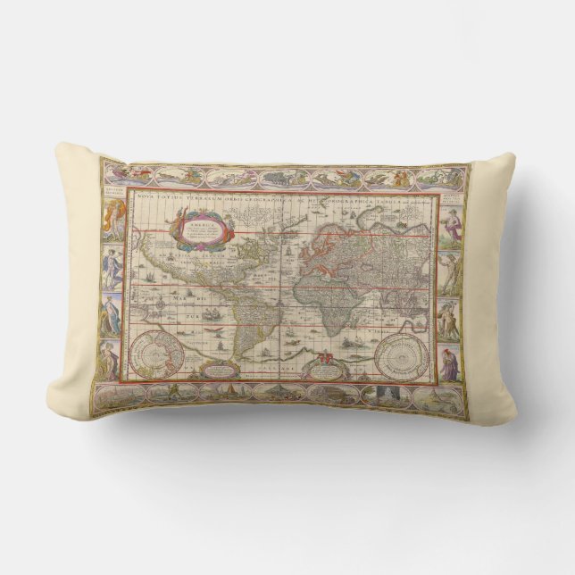 Historical World Map (Medieval) (by Willem Blaeu) Lumbar Pillow (Front)