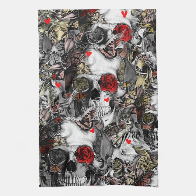History repeats, rose skull pattern kitchen towel (Vertical)