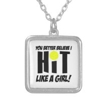hit like a girl volleyball silver plated necklace